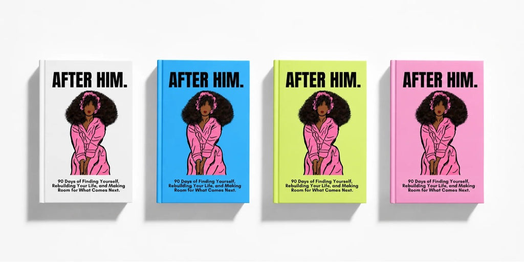 After Him guided breakup journal for women, white cover with illustrated woman in pink robe