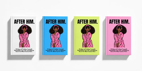 After Him guided breakup journal for women, white cover with illustrated woman in pink robe