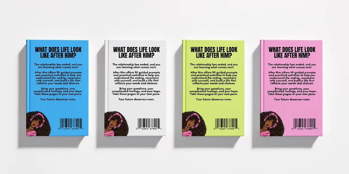 After Him guided breakup journal for women, white cover with illustrated woman in pink robe